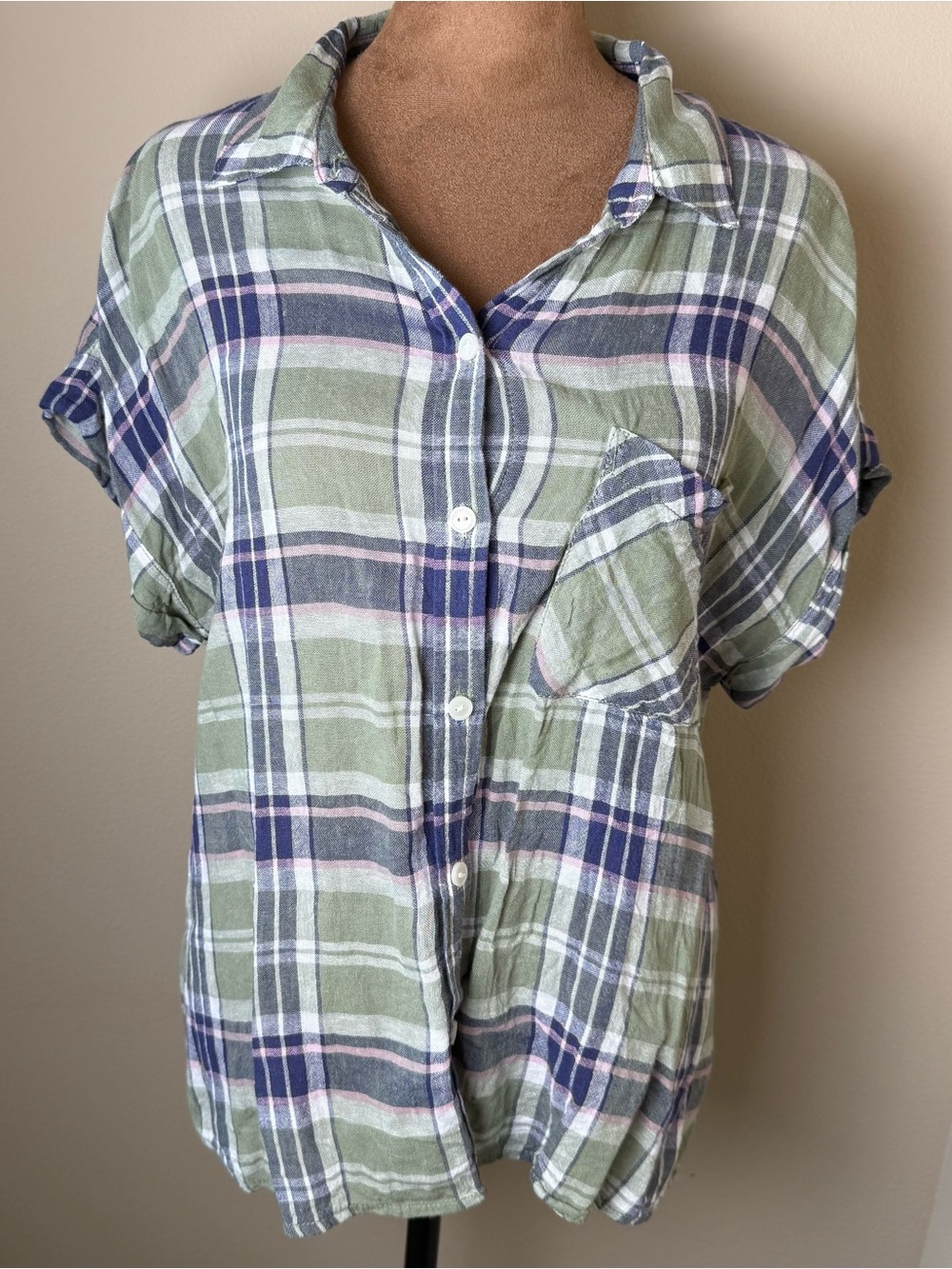 Sanctuary Linen Blend Button Down Shirt Womens Small Olive Green Navy Plaid Top